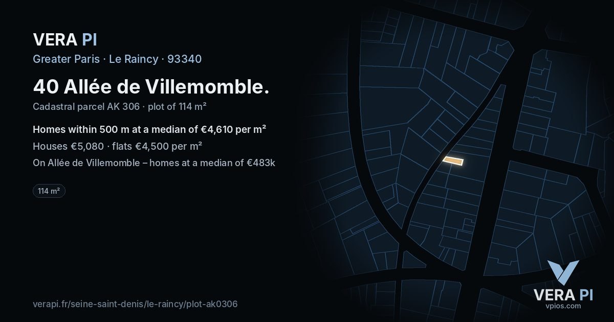 40 Allée de Villemomble, Le Raincy at night – the plot lit, the parcels around coloured by the prices near them