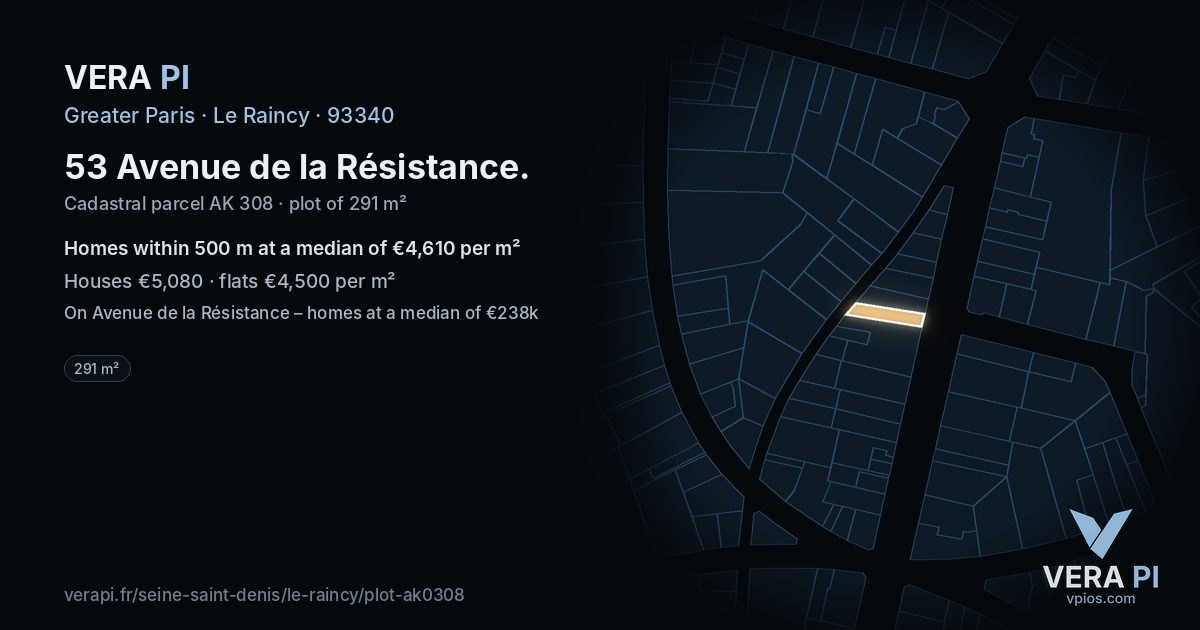53 Avenue de la Résistance, Le Raincy at night – the plot lit, the parcels around coloured by the prices near them