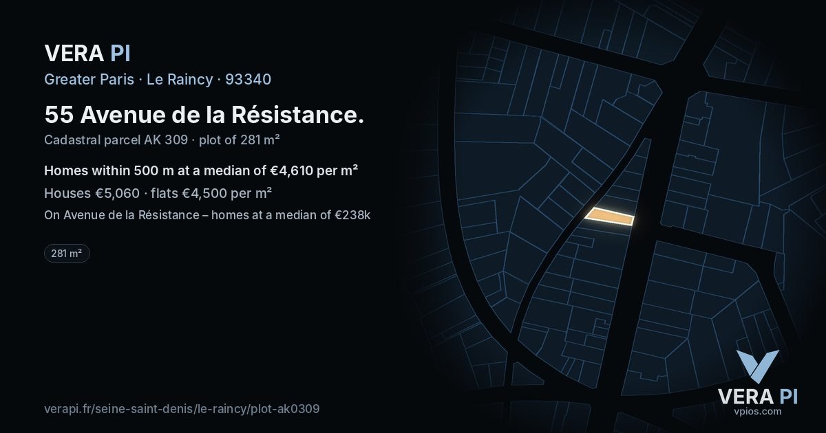 55 Avenue de la Résistance, Le Raincy at night – the plot lit, the parcels around coloured by the prices near them