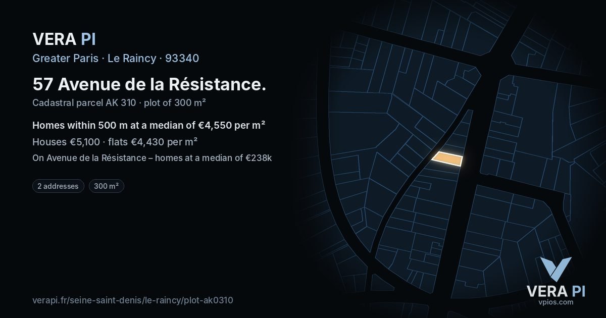 57 Avenue de la Résistance, Le Raincy at night – the plot lit, the parcels around coloured by the prices near them