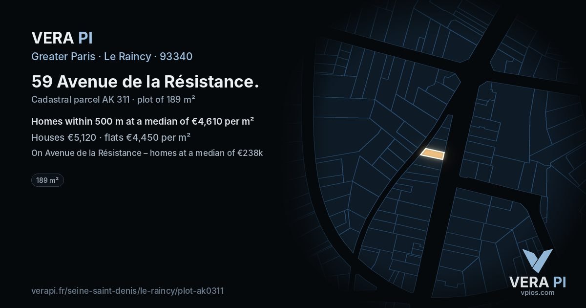 59 Avenue de la Résistance, Le Raincy at night – the plot lit, the parcels around coloured by the prices near them