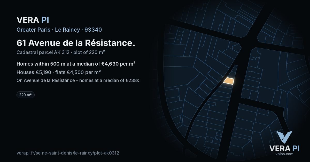 61 Avenue de la Résistance, Le Raincy at night – the plot lit, the parcels around coloured by the prices near them