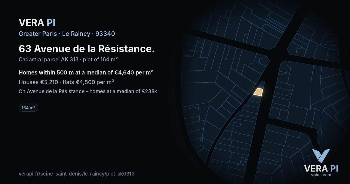 63 Avenue de la Résistance, Le Raincy at night – the plot lit, the parcels around coloured by the prices near them