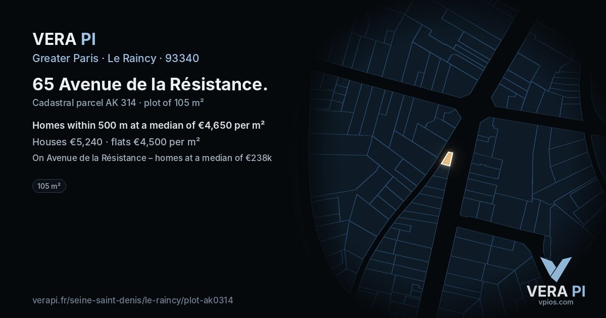 65 Avenue de la Résistance, Le Raincy at night – the plot lit, the parcels around coloured by the prices near them