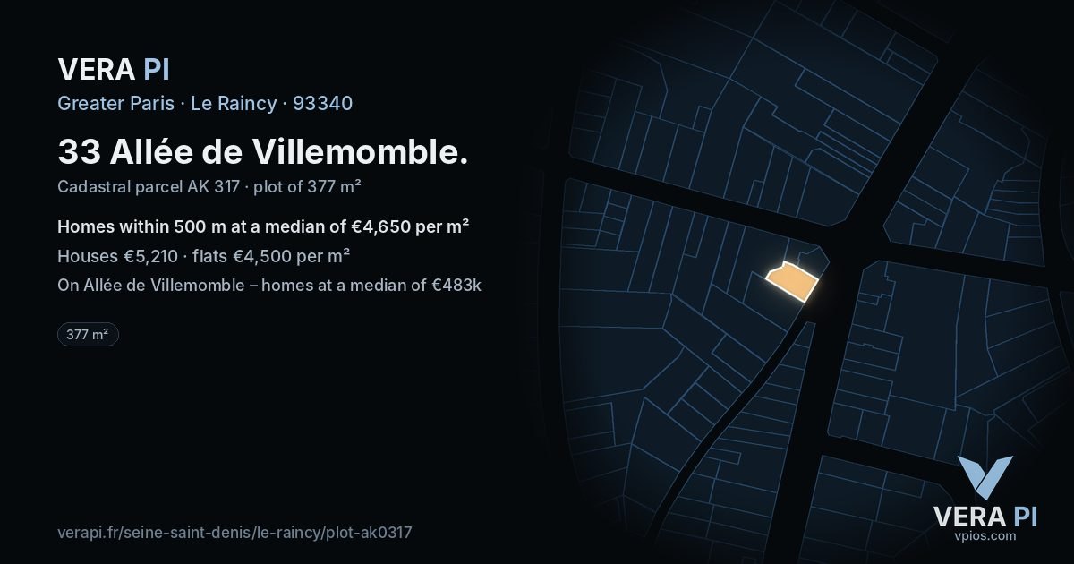 33 Allée de Villemomble, Le Raincy at night – the plot lit, the parcels around coloured by the prices near them