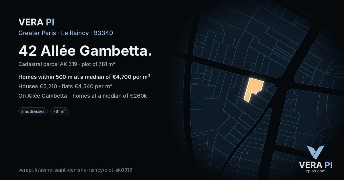 42 Allée Gambetta, Le Raincy at night – the plot lit, the parcels around coloured by the prices near them