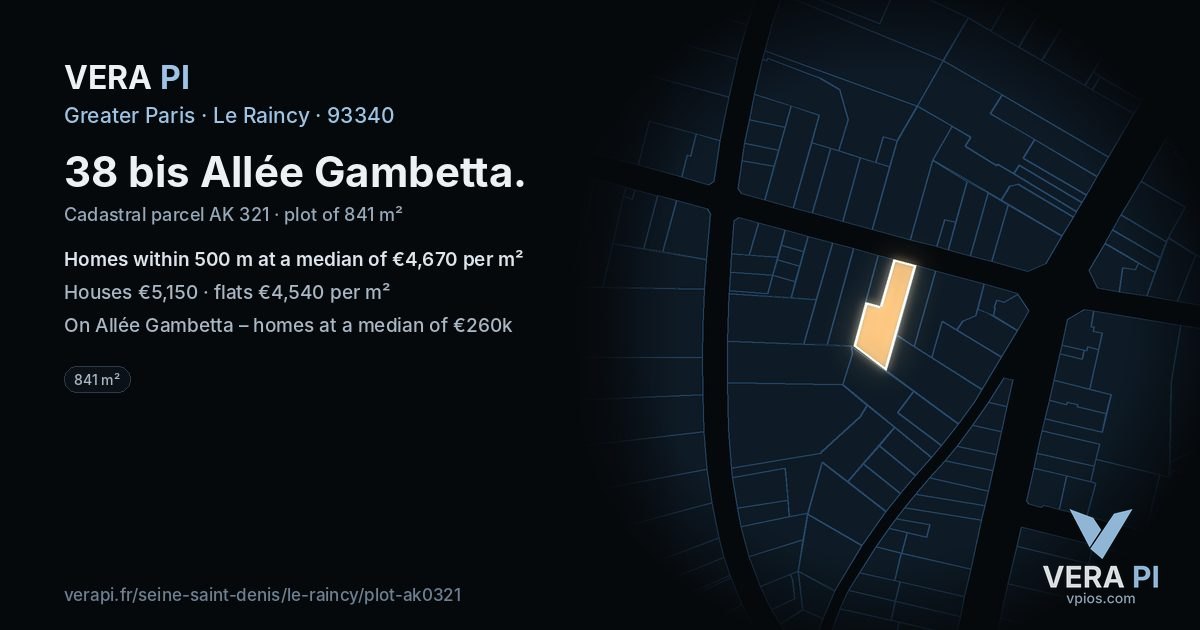 38 bis Allée Gambetta, Le Raincy at night – the plot lit, the parcels around coloured by the prices near them