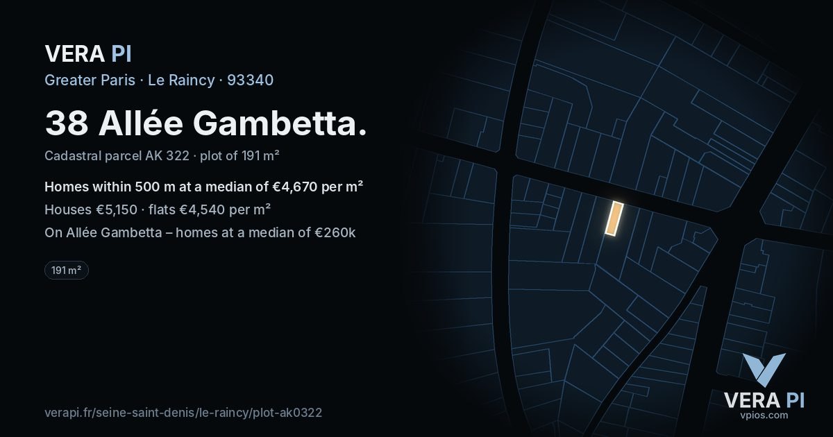 38 Allée Gambetta, Le Raincy at night – the plot lit, the parcels around coloured by the prices near them