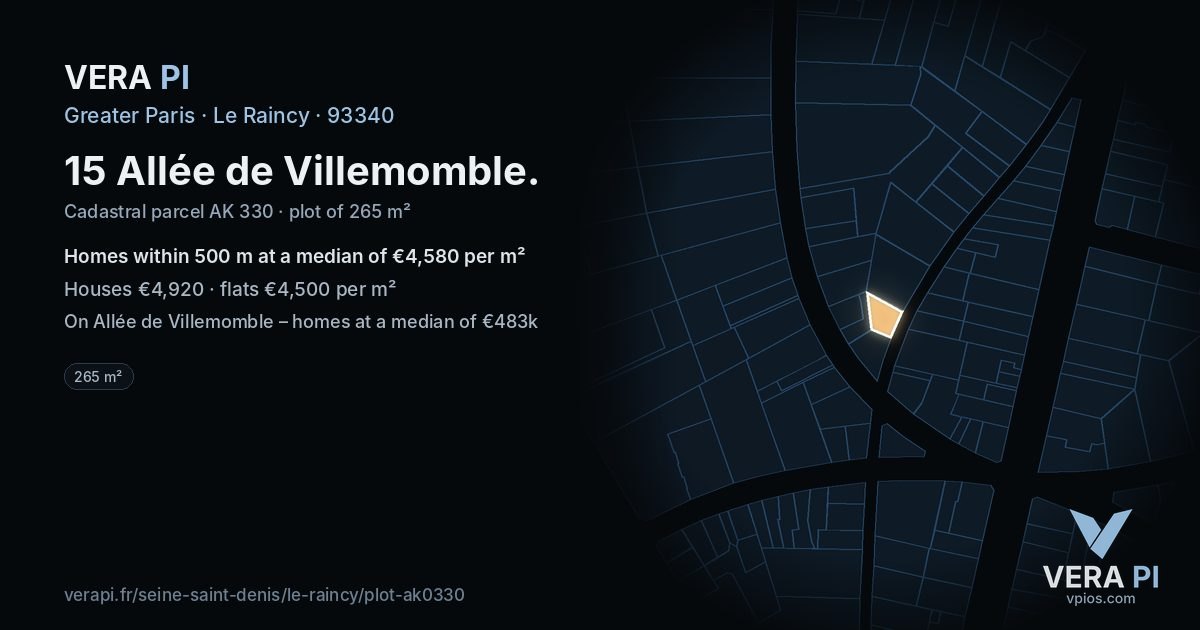 15 Allée de Villemomble, Le Raincy at night – the plot lit, the parcels around coloured by the prices near them