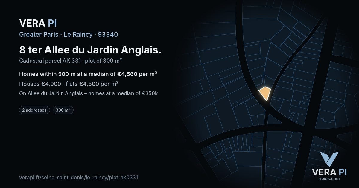 8 ter Allee du Jardin Anglais, Le Raincy at night – the plot lit, the parcels around coloured by the prices near them