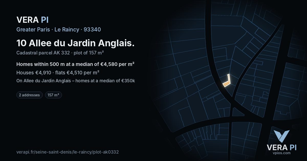 10 Allee du Jardin Anglais, Le Raincy at night – the plot lit, the parcels around coloured by the prices near them
