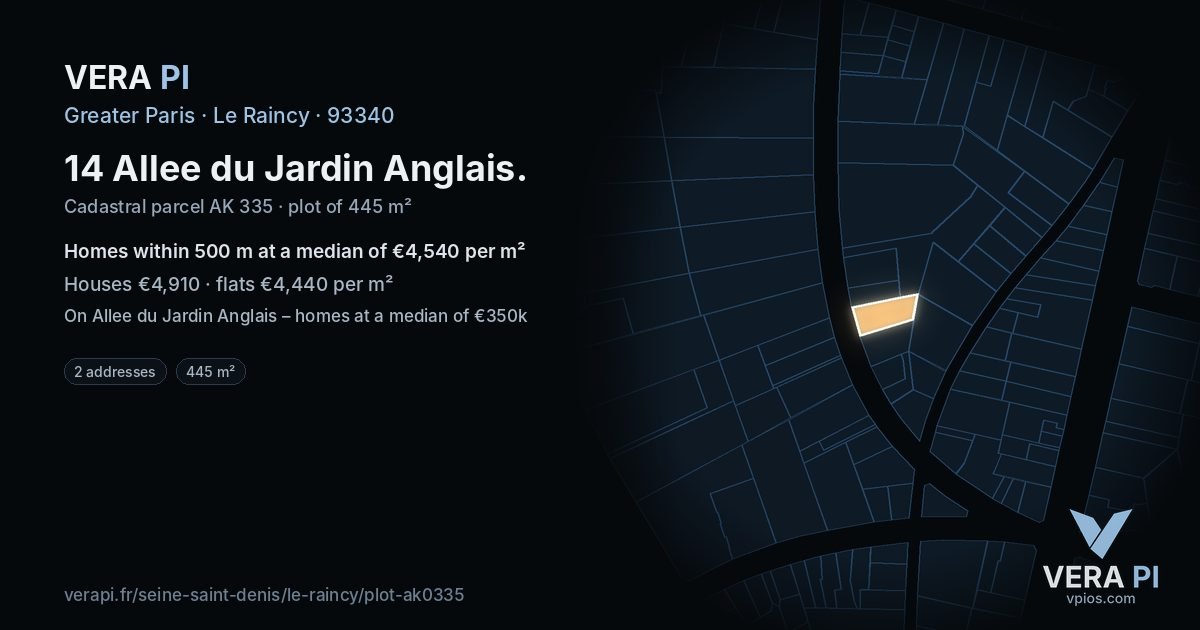 14 Allee du Jardin Anglais, Le Raincy at night – the plot lit, the parcels around coloured by the prices near them
