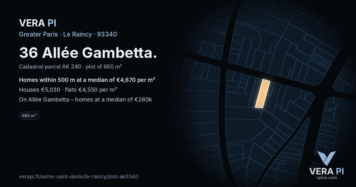 36 Allée Gambetta, Le Raincy at night – the plot lit, the parcels around coloured by the prices near them