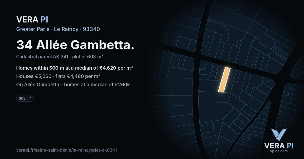 34 Allée Gambetta, Le Raincy at night – the plot lit, the parcels around coloured by the prices near them
