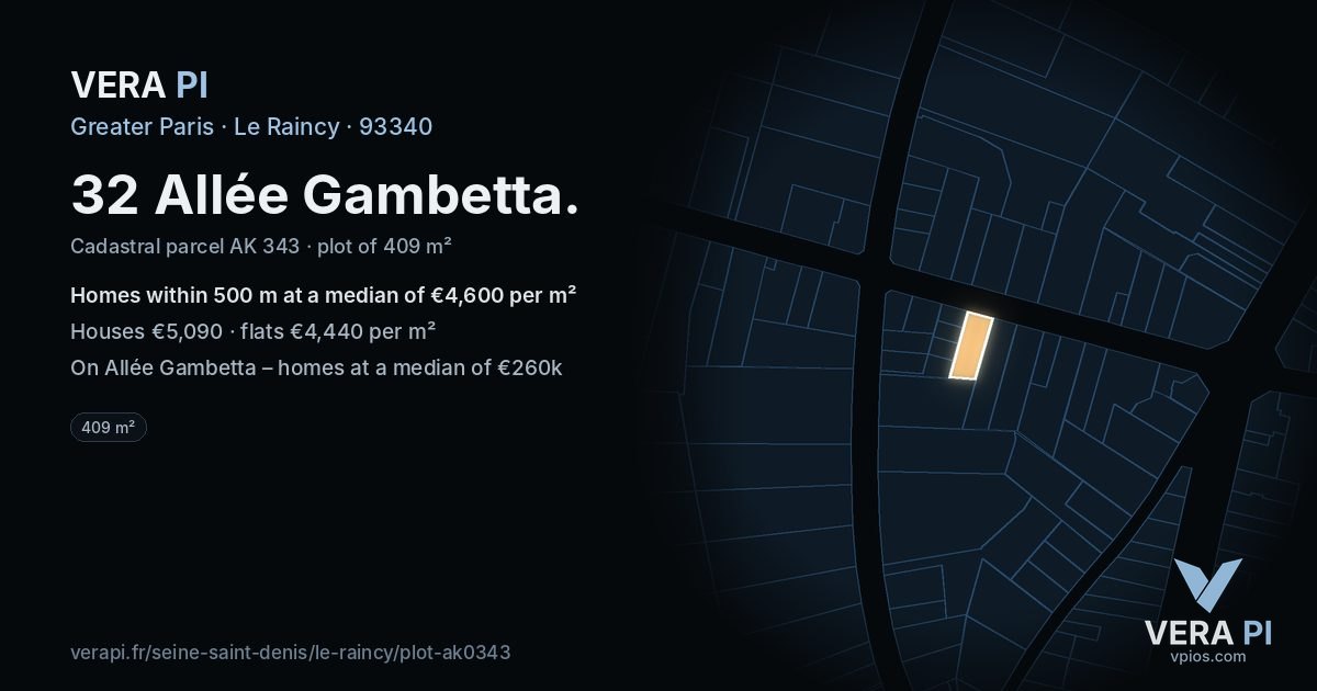 32 Allée Gambetta, Le Raincy at night – the plot lit, the parcels around coloured by the prices near them