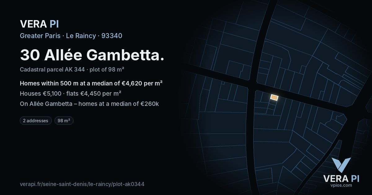 30 Allée Gambetta, Le Raincy at night – the plot lit, the parcels around coloured by the prices near them