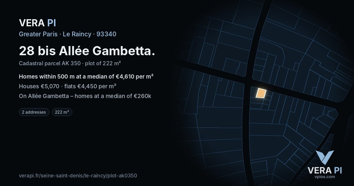 28 bis Allée Gambetta, Le Raincy at night – the plot lit, the parcels around coloured by the prices near them