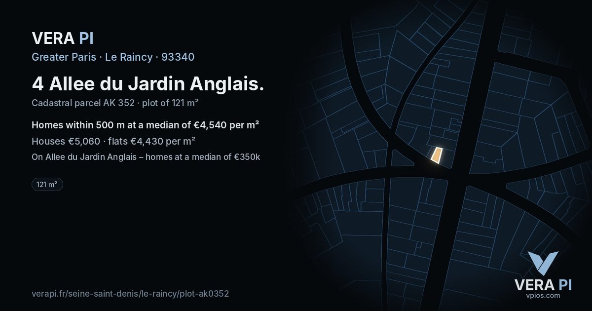 4 Allee du Jardin Anglais, Le Raincy at night – the plot lit, the parcels around coloured by the prices near them