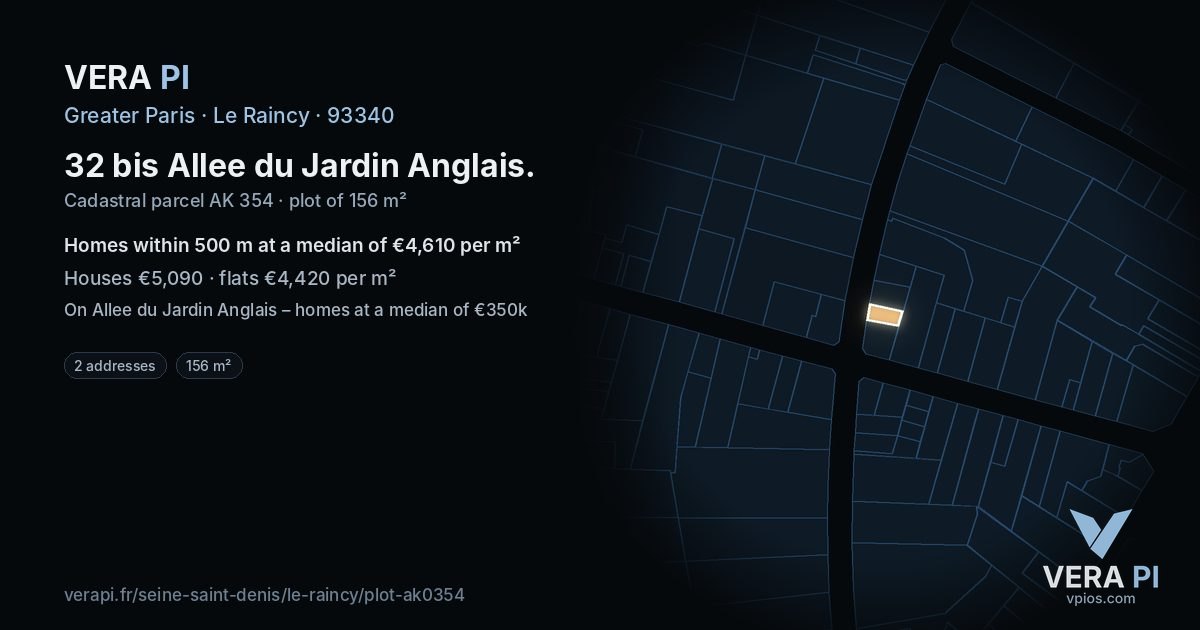 32 bis Allee du Jardin Anglais, Le Raincy at night – the plot lit, the parcels around coloured by the prices near them