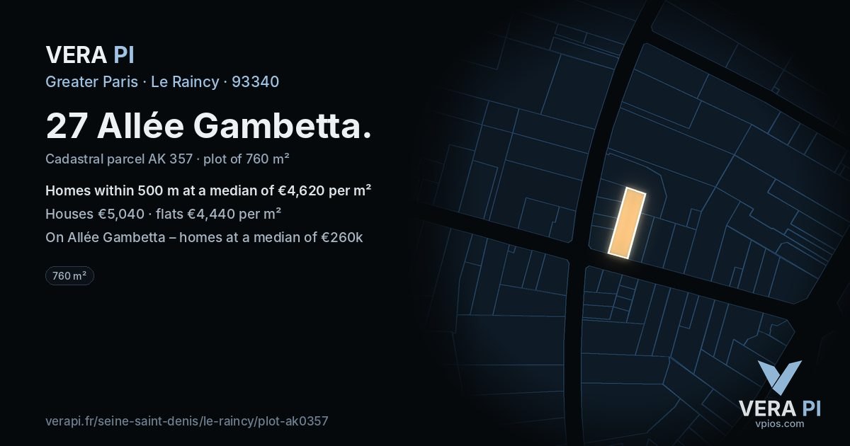 27 Allée Gambetta, Le Raincy at night – the plot lit, the parcels around coloured by the prices near them