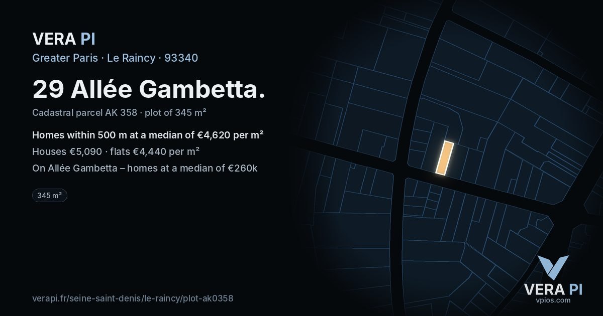 29 Allée Gambetta, Le Raincy at night – the plot lit, the parcels around coloured by the prices near them