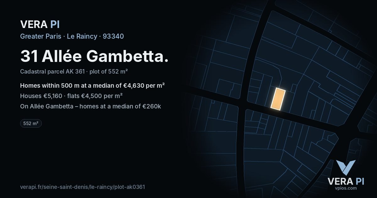 31 Allée Gambetta, Le Raincy at night – the plot lit, the parcels around coloured by the prices near them