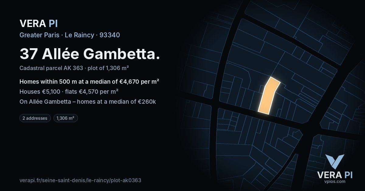 37 Allée Gambetta, Le Raincy at night – the plot lit, the parcels around coloured by the prices near them