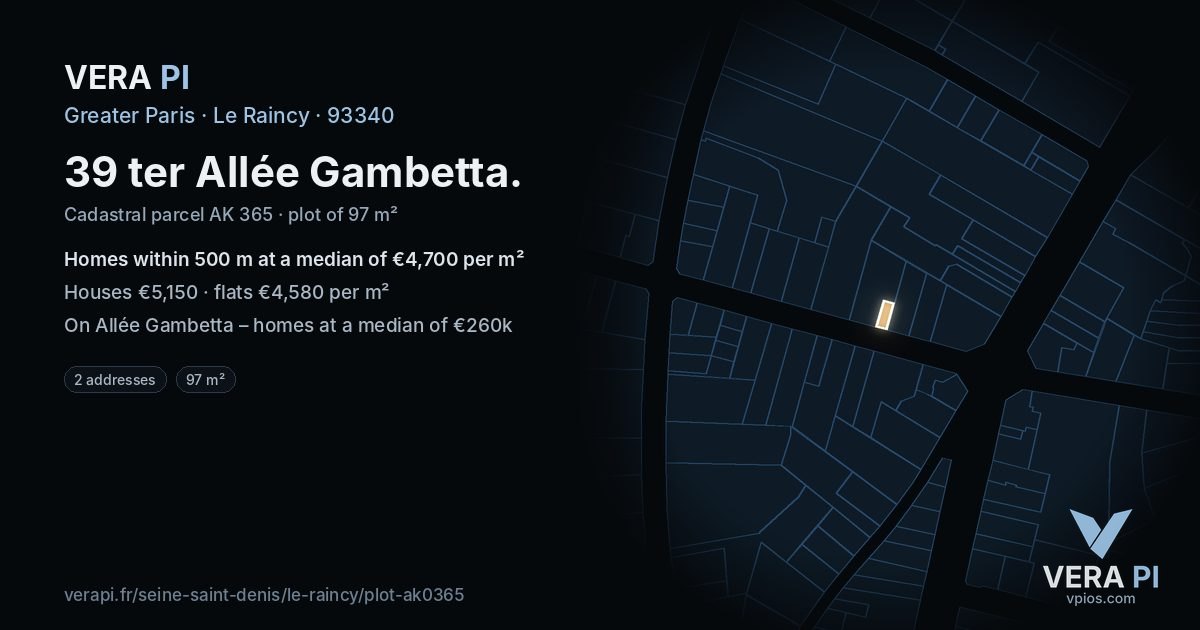 39 ter Allée Gambetta, Le Raincy at night – the plot lit, the parcels around coloured by the prices near them