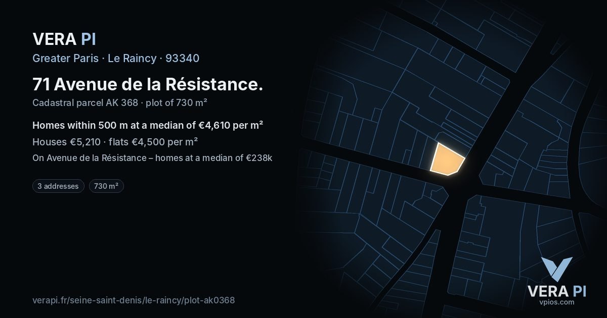 71 Avenue de la Résistance, Le Raincy at night – the plot lit, the parcels around coloured by the prices near them