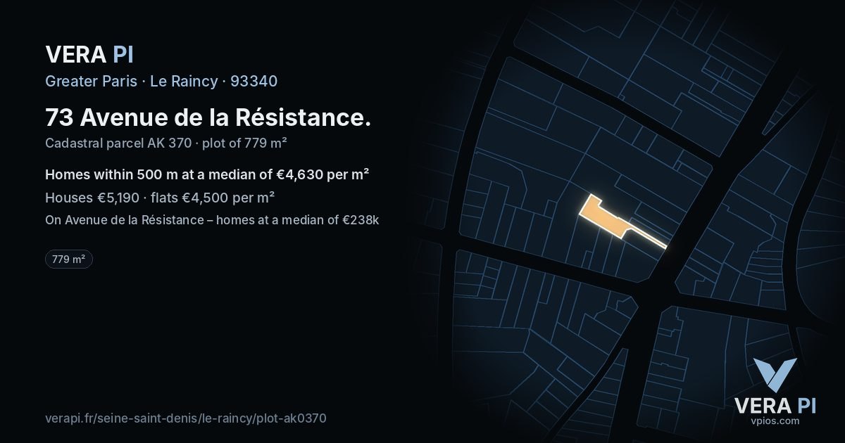 73 Avenue de la Résistance, Le Raincy at night – the plot lit, the parcels around coloured by the prices near them