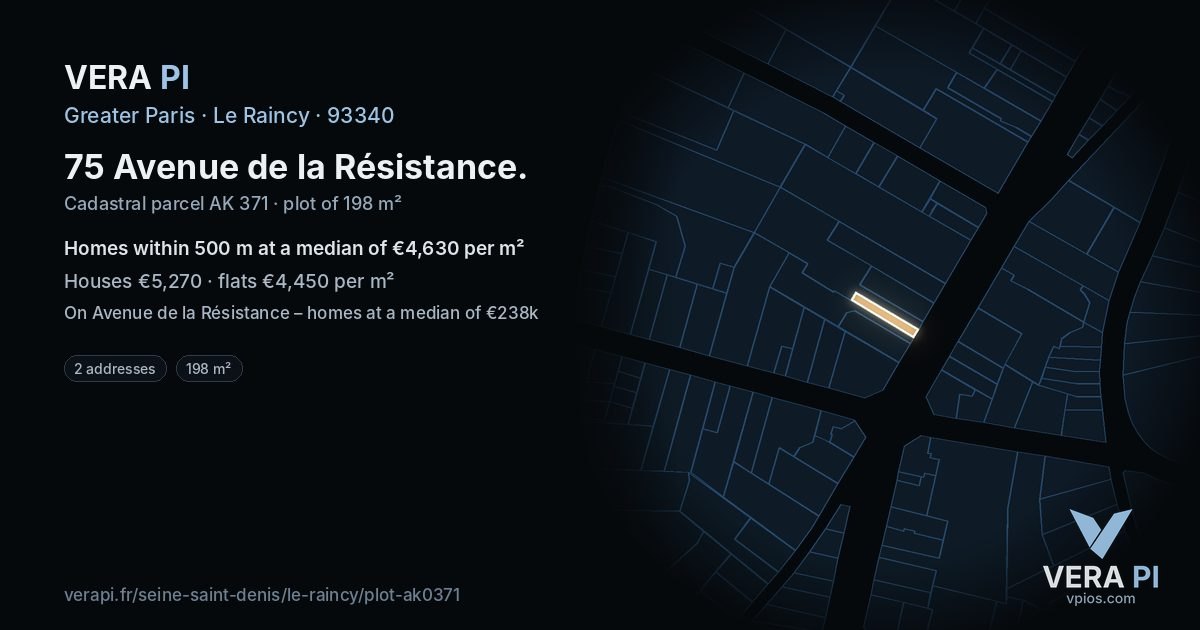 75 Avenue de la Résistance, Le Raincy at night – the plot lit, the parcels around coloured by the prices near them