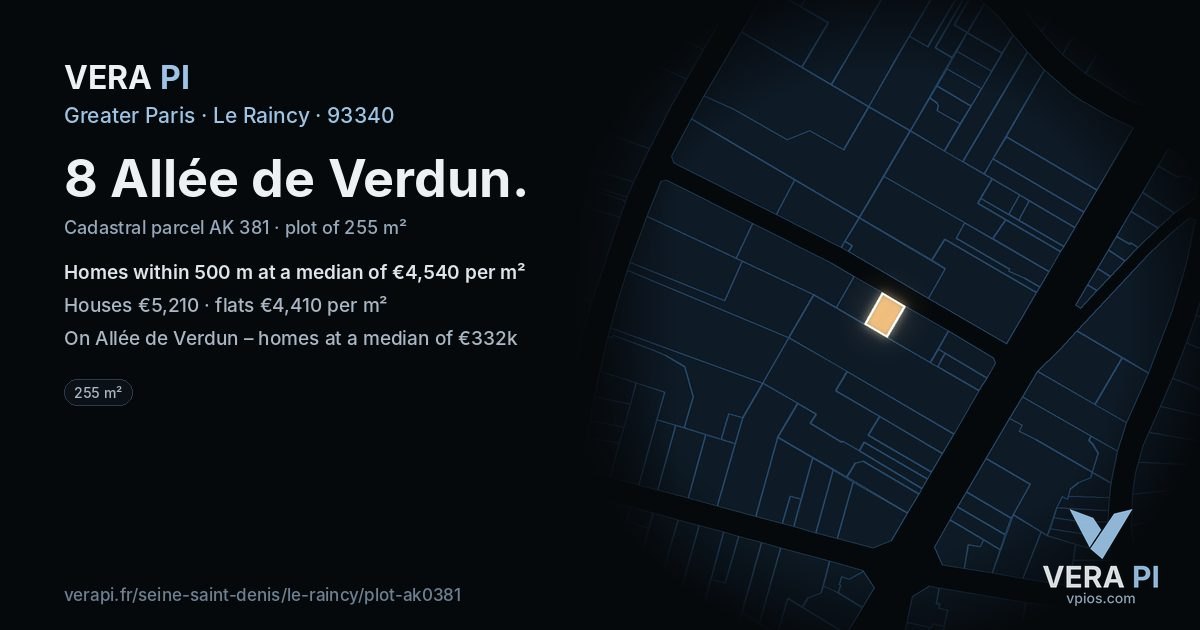 8 Allée de Verdun, Le Raincy at night – the plot lit, the parcels around coloured by the prices near them