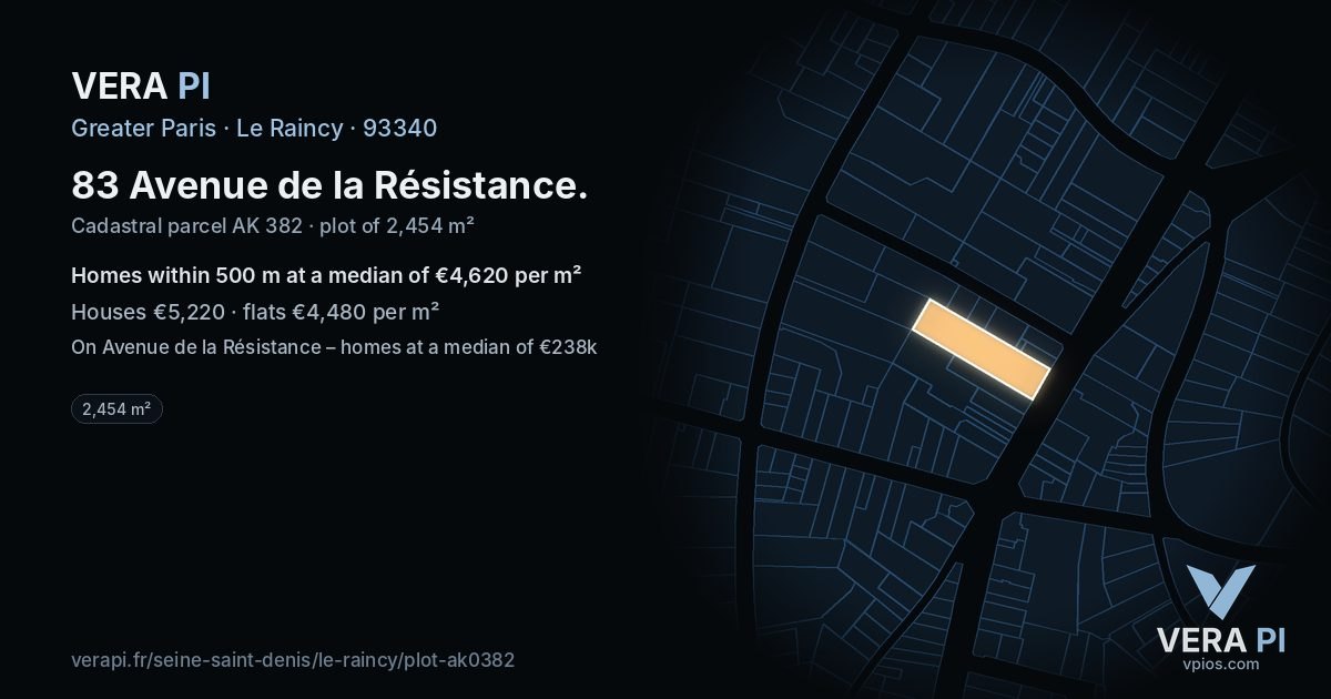 83 Avenue de la Résistance, Le Raincy at night – the plot lit, the parcels around coloured by the prices near them