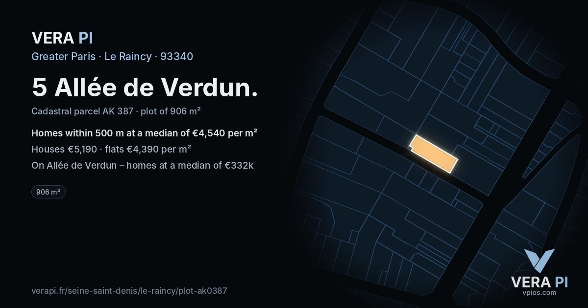 5 Allée de Verdun, Le Raincy at night – the plot lit, the parcels around coloured by the prices near them