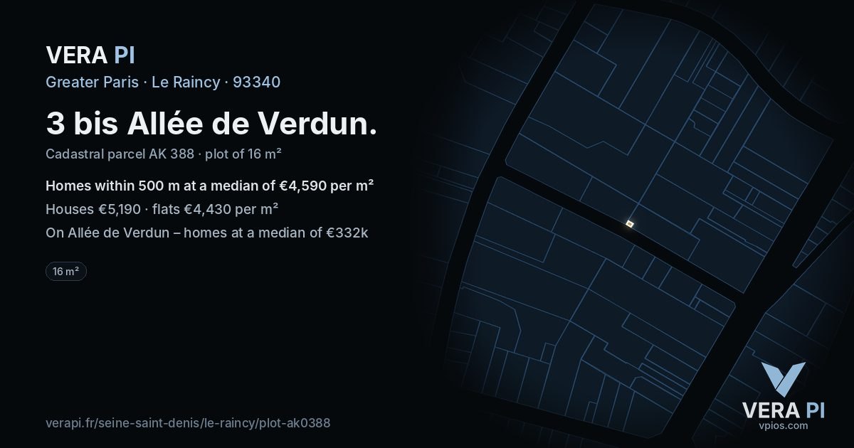 3 bis Allée de Verdun, Le Raincy at night – the plot lit, the parcels around coloured by the prices near them