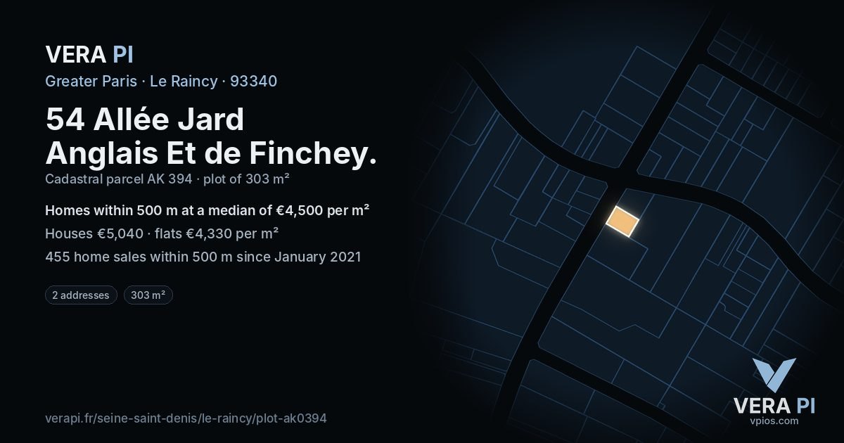54 Allée Jard Anglais Et de Finchey, Le Raincy at night – the plot lit, the parcels around coloured by the prices near them
