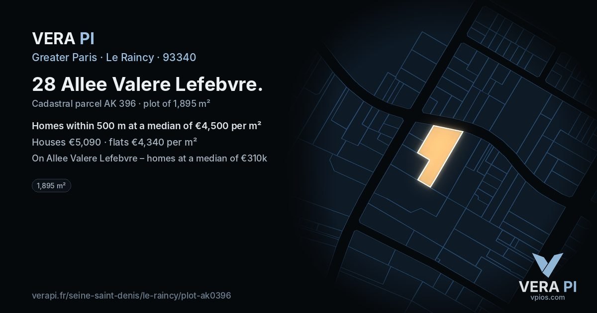 28 Allee Valere Lefebvre, Le Raincy at night – the plot lit, the parcels around coloured by the prices near them