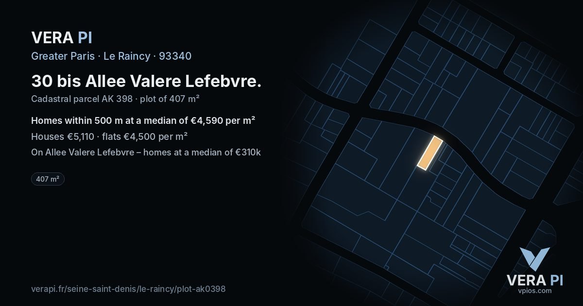 30 bis Allee Valere Lefebvre, Le Raincy at night – the plot lit, the parcels around coloured by the prices near them