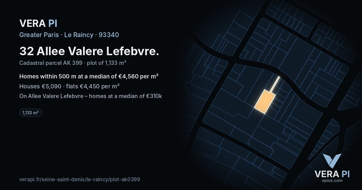 32 Allee Valere Lefebvre, Le Raincy at night – the plot lit, the parcels around coloured by the prices near them