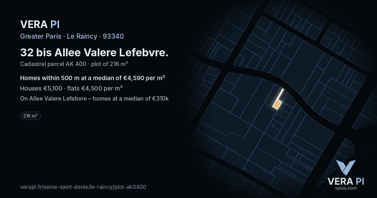 32 bis Allee Valere Lefebvre, Le Raincy at night – the plot lit, the parcels around coloured by the prices near them