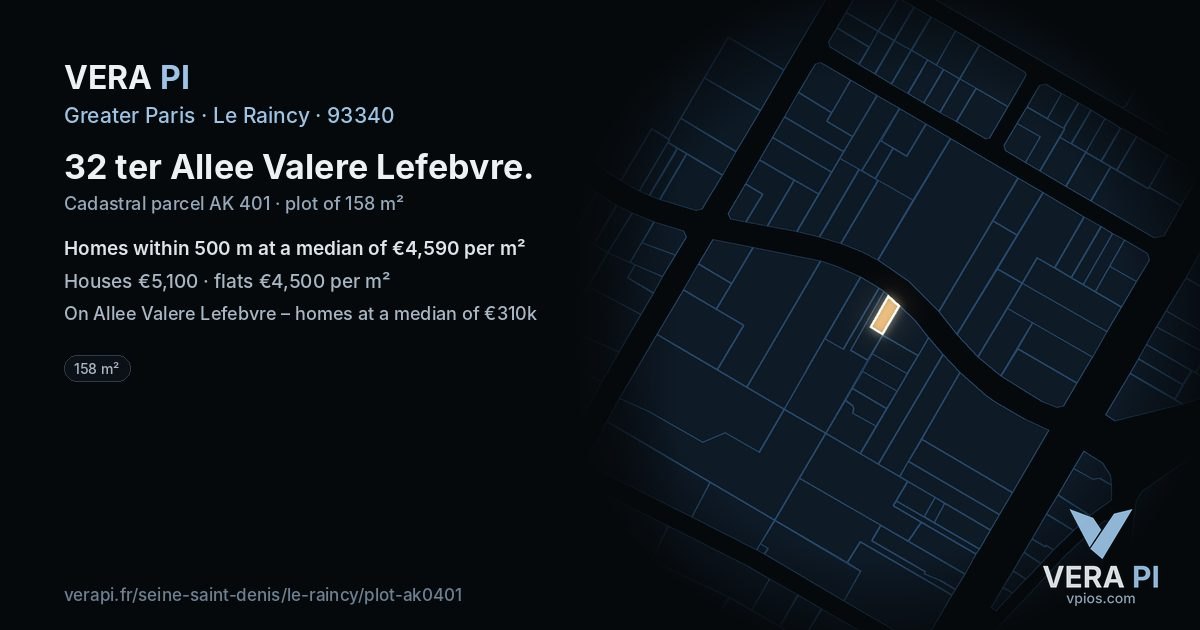 32 ter Allee Valere Lefebvre, Le Raincy at night – the plot lit, the parcels around coloured by the prices near them