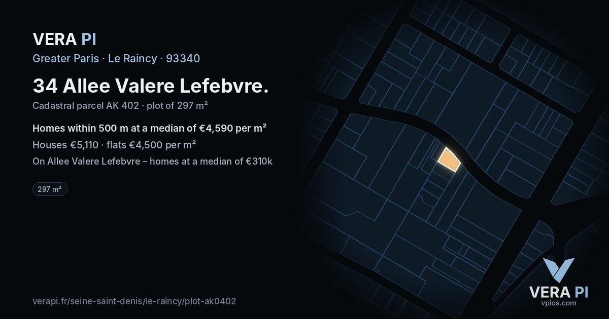 34 Allee Valere Lefebvre, Le Raincy at night – the plot lit, the parcels around coloured by the prices near them