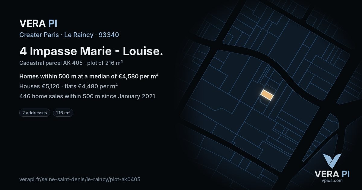 4 Impasse Marie - Louise, Le Raincy at night – the plot lit, the parcels around coloured by the prices near them
