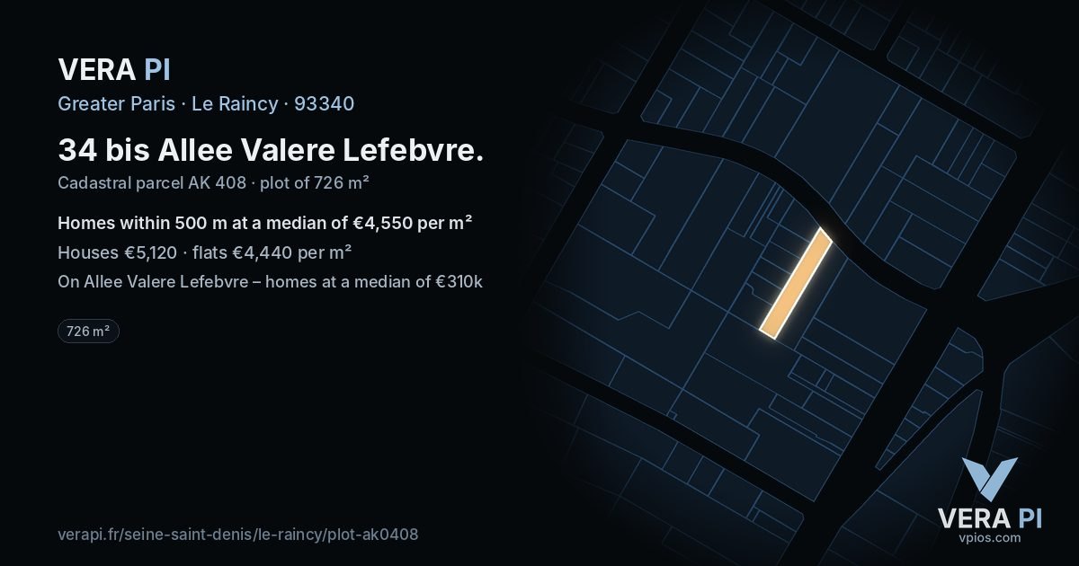 34 bis Allee Valere Lefebvre, Le Raincy at night – the plot lit, the parcels around coloured by the prices near them