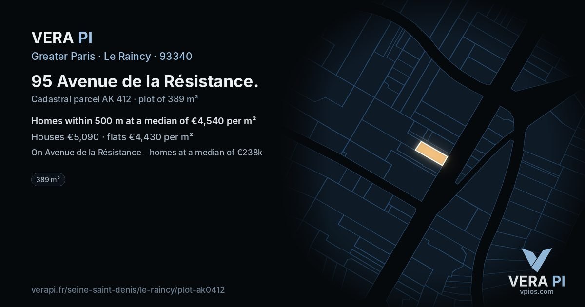 95 Avenue de la Résistance, Le Raincy at night – the plot lit, the parcels around coloured by the prices near them