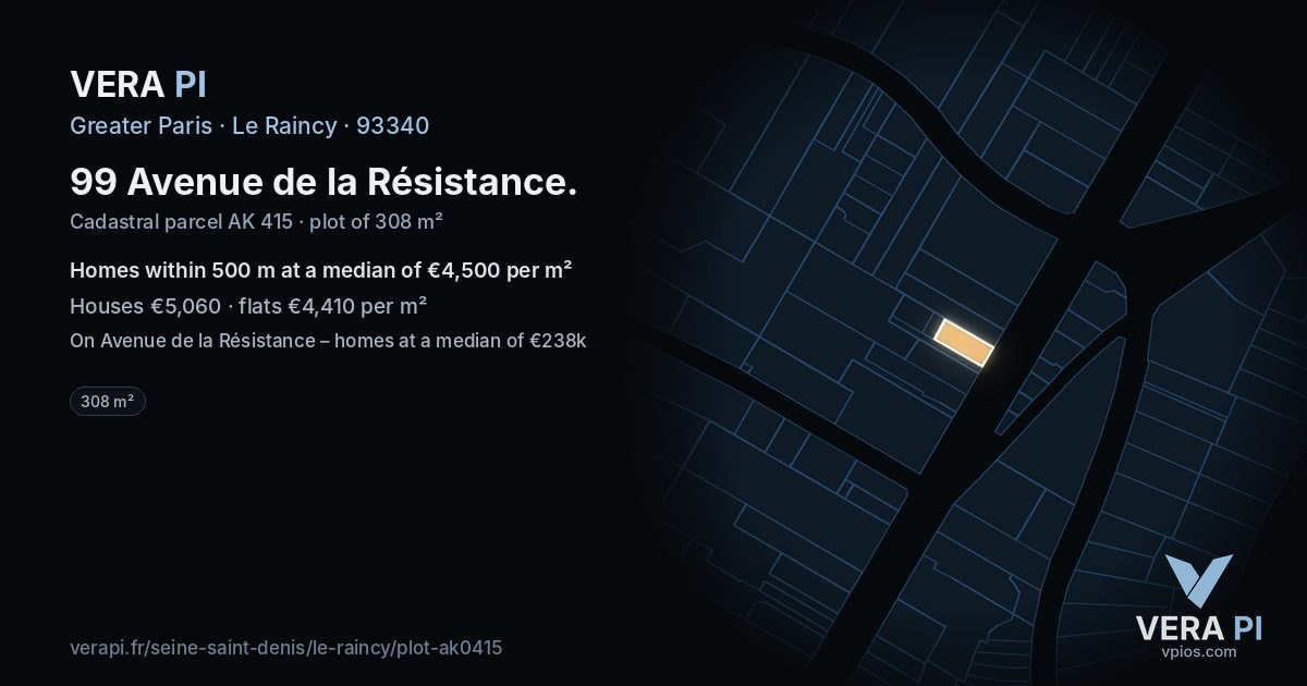 99 Avenue de la Résistance, Le Raincy at night – the plot lit, the parcels around coloured by the prices near them
