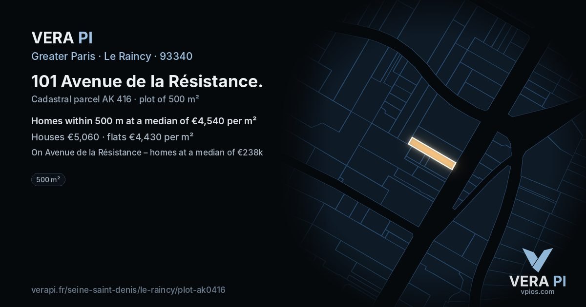 101 Avenue de la Résistance, Le Raincy at night – the plot lit, the parcels around coloured by the prices near them