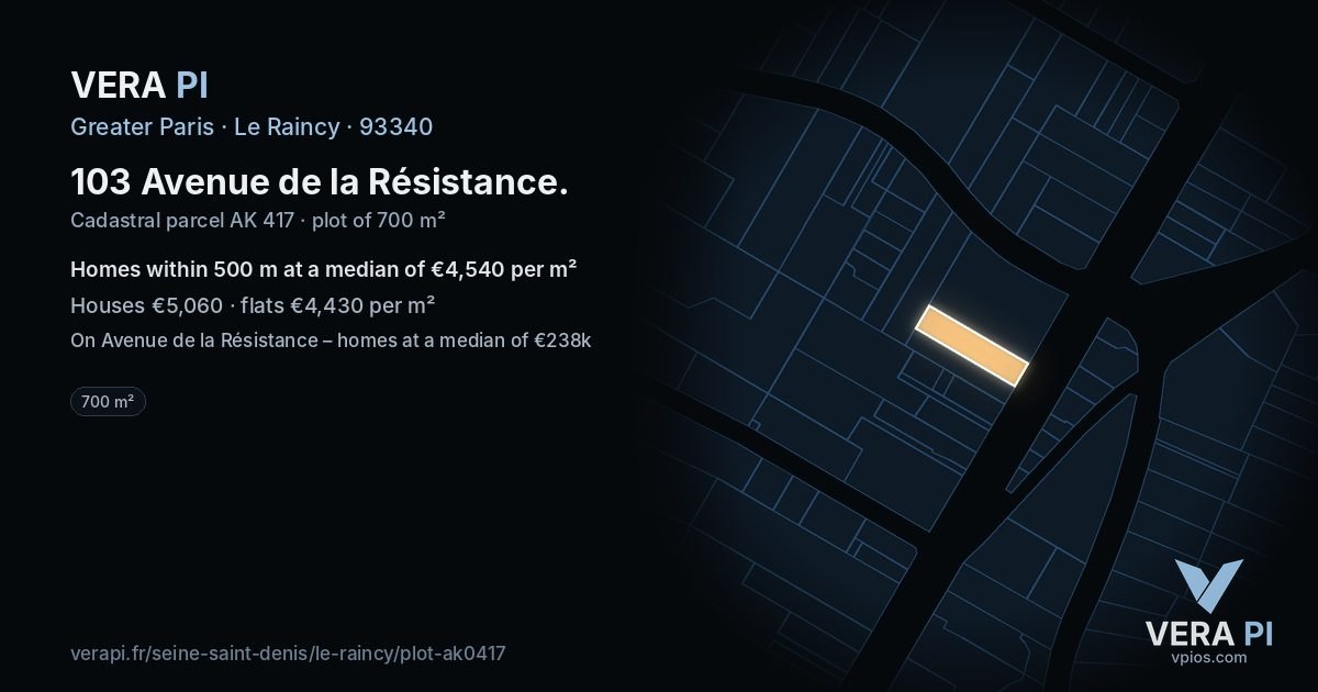 103 Avenue de la Résistance, Le Raincy at night – the plot lit, the parcels around coloured by the prices near them