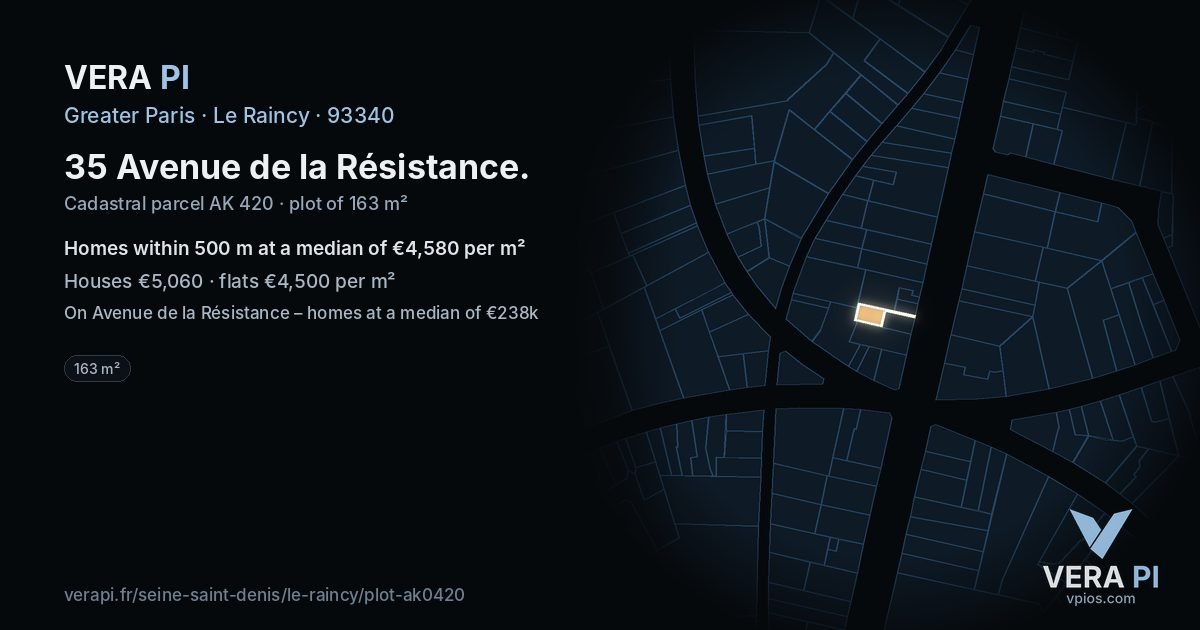 35 Avenue de la Résistance, Le Raincy at night – the plot lit, the parcels around coloured by the prices near them