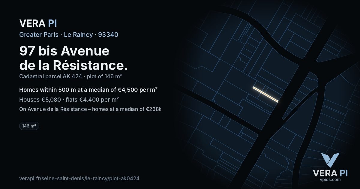 97 bis Avenue de la Résistance, Le Raincy at night – the plot lit, the parcels around coloured by the prices near them